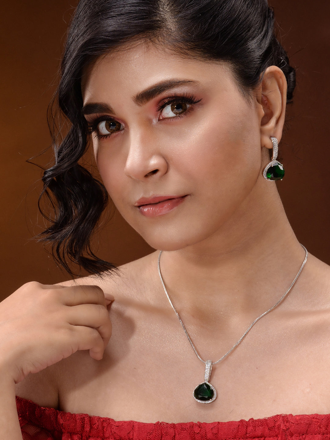 Silver Toned Green AD studdeed Elegant Pendant Earrings Locket Jewellery Set, zaveri pearls, sale price rs, sale price, sale gold plated, sale gold, sale, rubans, ring, regular price, priyass